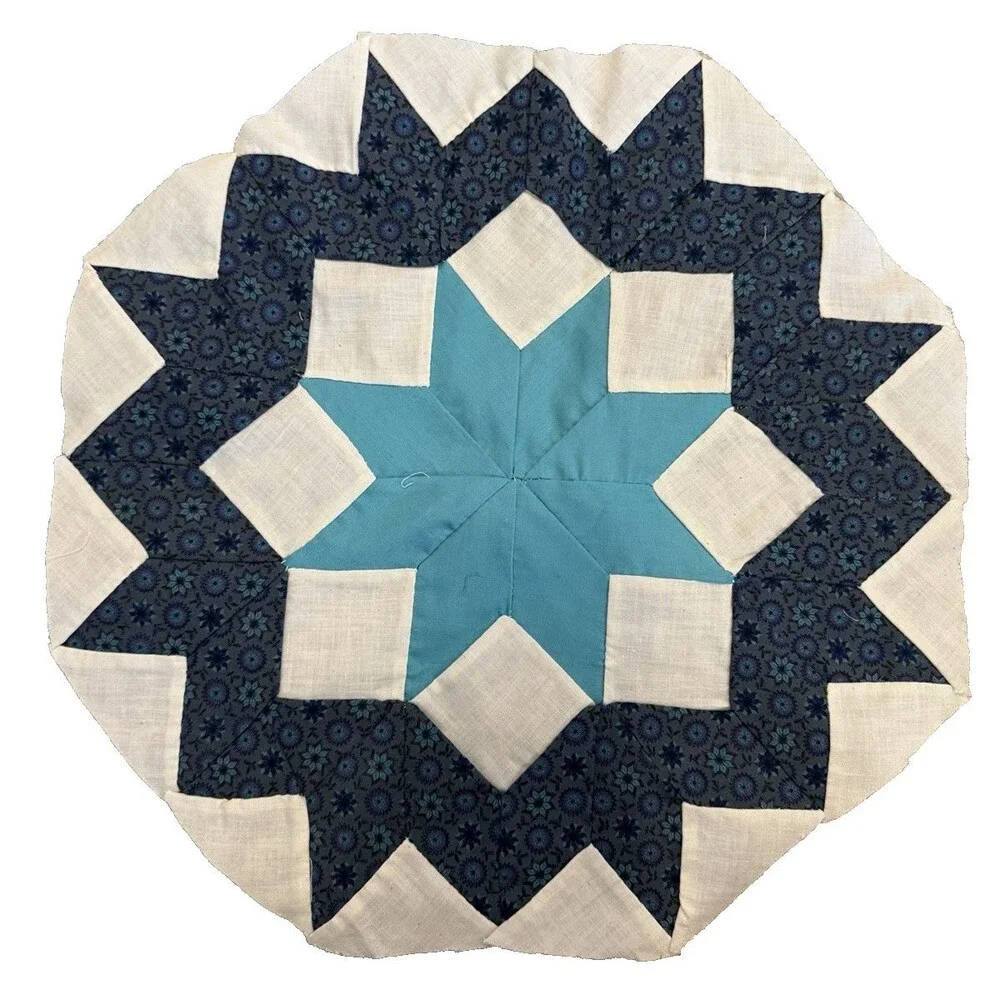 Vintage Hand Pieced Quilt Block Orphan Square 8-Point Star bright teal/navy 14